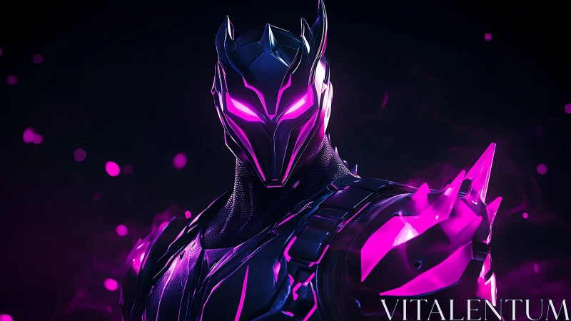 Armored humanoid figure with neon magenta highlights at night.