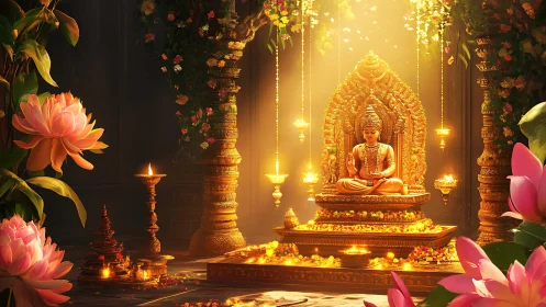 Golden seated deity in ornate lotus-lit temple interior.