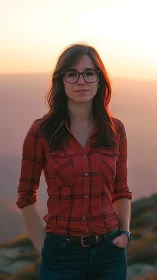Woman in red plaid shirt at mountain sunset portrait.