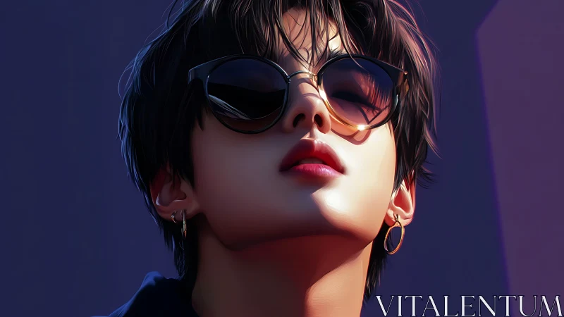 Person wearing sunglasses viewed from low frontal angle