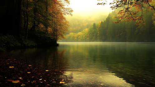 Misty forest lake with autumn foliage, low contrast atmospheric depth