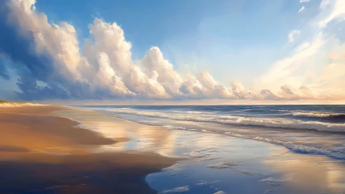 Sunlit shoreline reflects towering clouds in soft pastel light