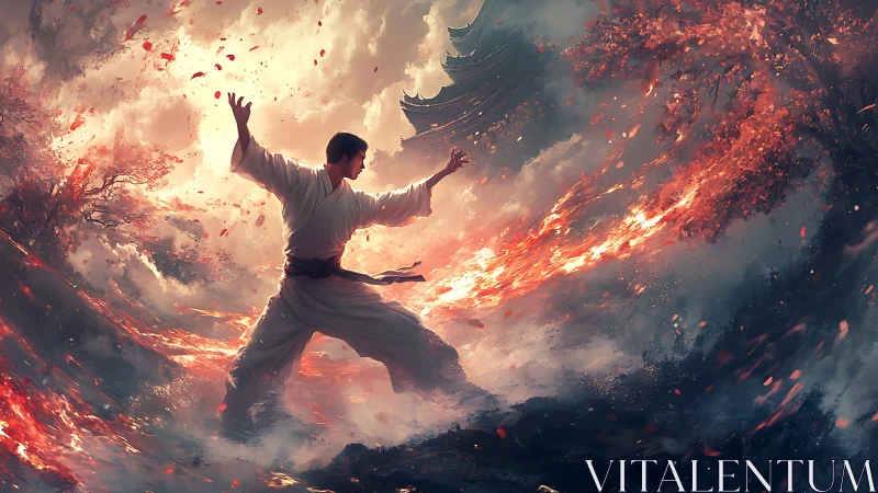 Martial artist dancing with swirling fire and autumn wind.
