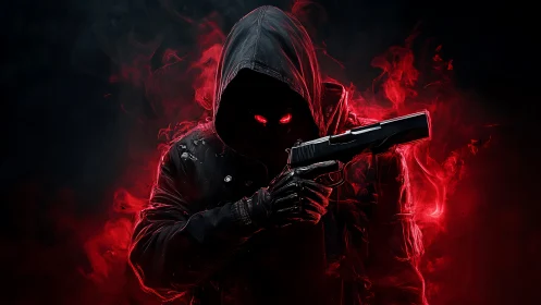 Hooded gunman with red smoke and glowing eyes portrait.