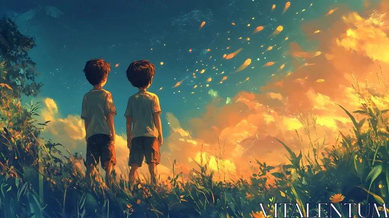 Two boys watch glowing sky over sunlit wildflower field.