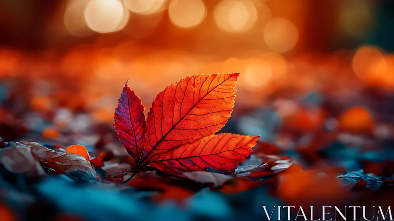Vibrant red autumn leaf on blurred forest floor at dusk.