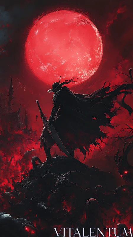 Cloaked figure under red lunar disc on chaotic terrain.