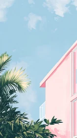Soft pink coastal home basking under a dreamy blue sky.