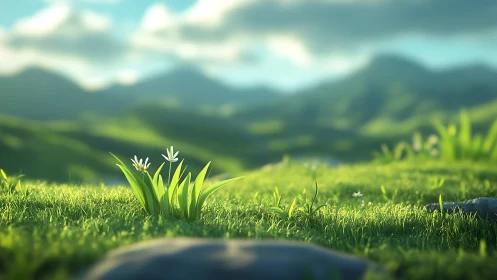 Gentle wildflowers glow softly in a sunlit green valley