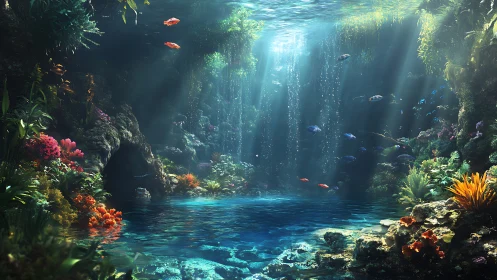 Sunlit underwater grotto reveals vibrant coral sanctuary
