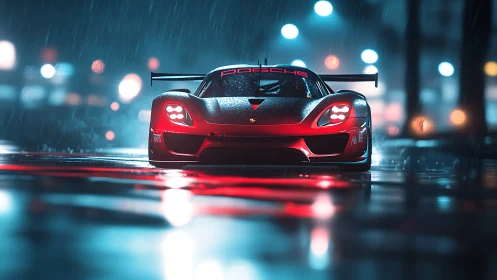 Red Porsche race car under neon rain on wet city street.