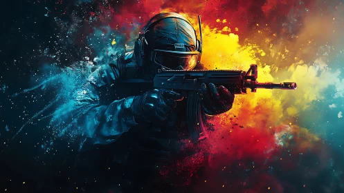 Digital painting of tactical soldier amid dual-color explosion.
