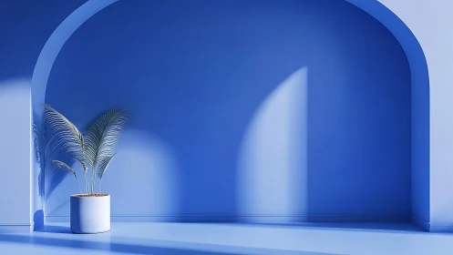 Soft blue archway cradling a graceful potted palm plant.