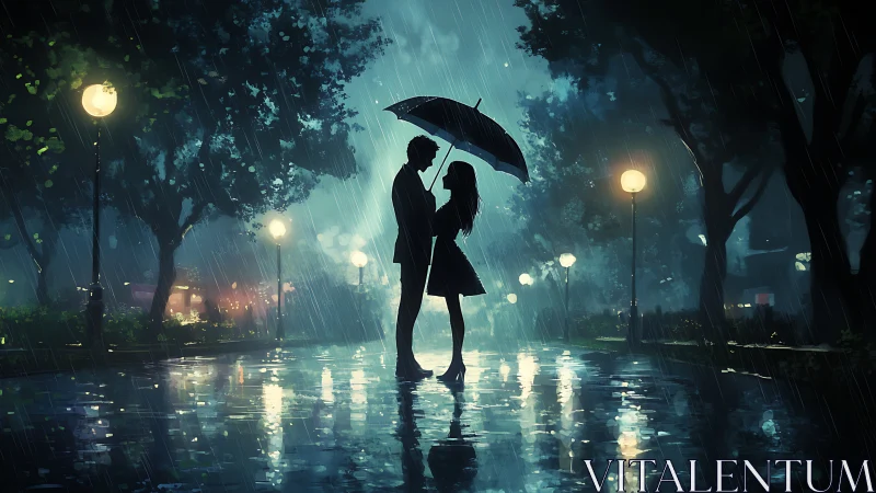 Two souls dance through the downpour's luminous embrace