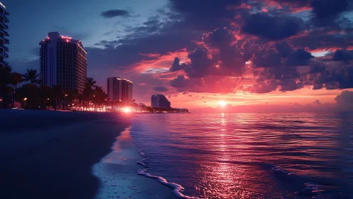 Neon-illuminated coastal skyline under magenta spectral sunset.