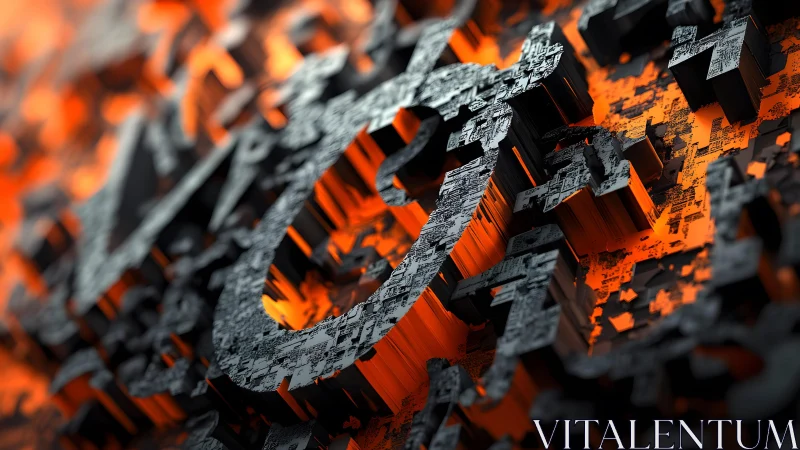 Abstract 3D Metal Typography Over Glowing Orange Background.