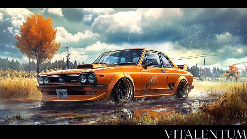 Orange classic coupe drifts through reflective rural rainwater