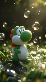 Green cartoon dinosaur observes glowing bubbles in forest.