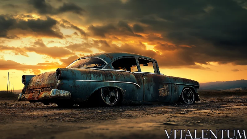 Rusty vintage sedan parked on muddy ground at sunset.