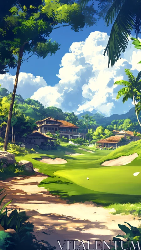 Sunlit tropical golf resort nestles beneath towering clouds