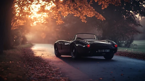 Vintage black roadster is parked on a tree-lined roadway