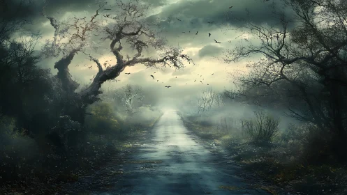 Misty forest road inviting a quiet walk into the unknown.