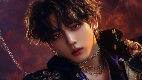 Regal youth in jeweled chains against a fiery glow.