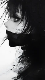 Quiet masked figure in moody black and white profile art.