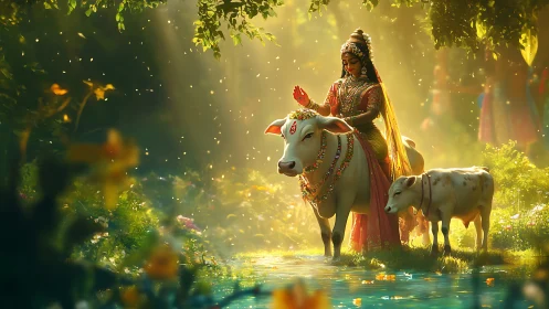 Mythic woman and sacred cows in sunlit riverine glade