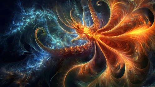 Celestial fire-octopus whirls through swirling cosmic tides