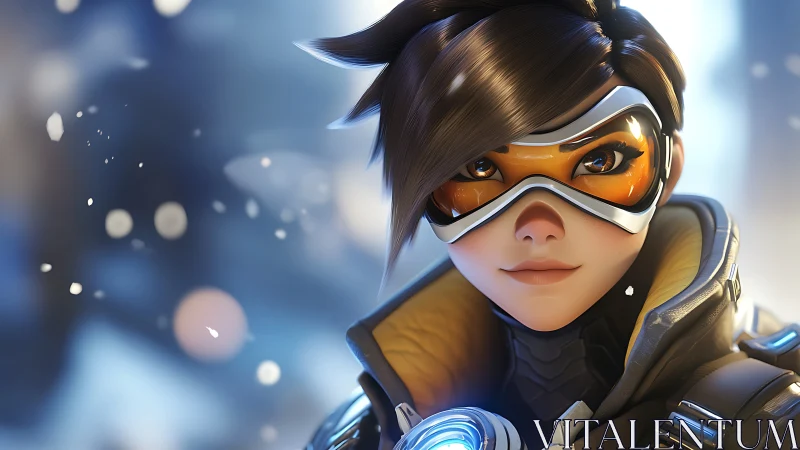 Futuristic hero portrait shows determined gaze amid snow