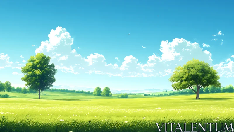 Digital landscape illustrates open grass field with trees