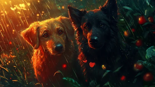 Rainlit canine duo in saturated bokeh garden tableau