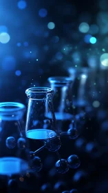 Laboratory glassware with molecular structure in blue light.