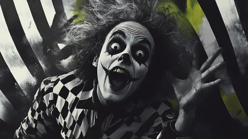 Monochrome clown figure poses against striped background scene