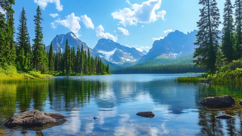 Alpine lake panorama with conifer forest and clear reflections.