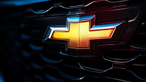 Close-up of Illuminated Chevrolet Logo on Modern Car Grille.