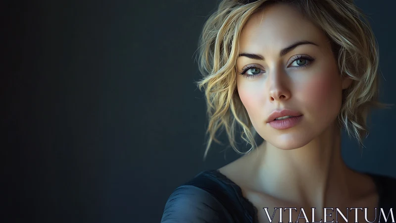 Photorealistic portrait of blonde woman in soft side light.