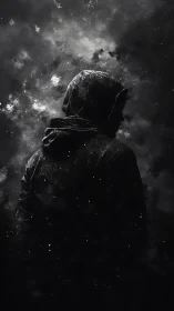 Hooded human silhouette dissolving into monochrome cosmic dust