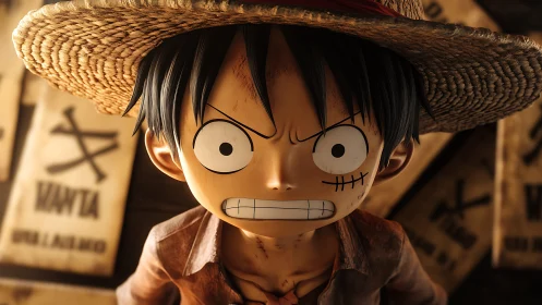 Straw hat pirate glares against blurred bounty posters.