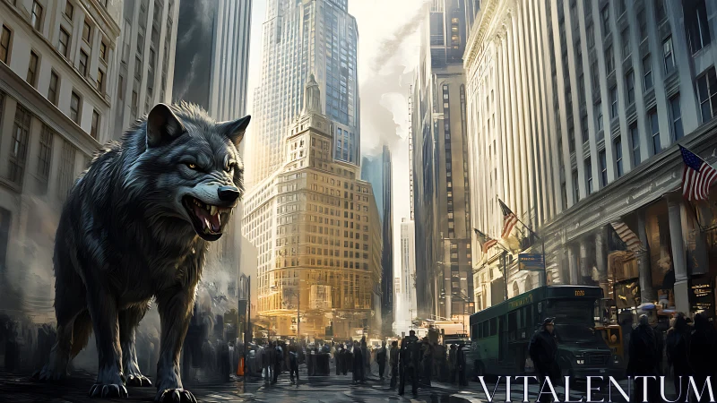 Street-level titans collide as a colossal wolf haunts Wall Street