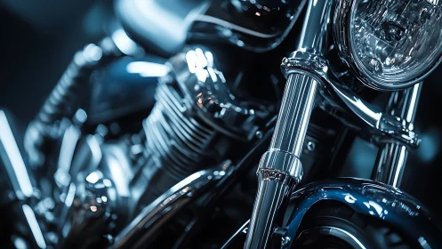 Chrome motorcycle details glow softly in cool studio light