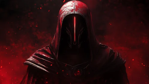 Shrouded red warlock with glowing visor amid embers.