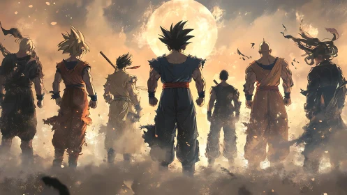 Seven anime warriors stand united before rising moon