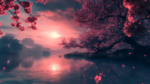 Dreamy pink lakeside blossoms under a glowing twilight sky.