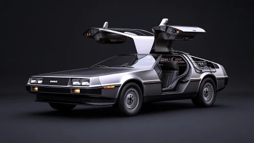 Stainless steel DeLorean with open gullwing doors in studio