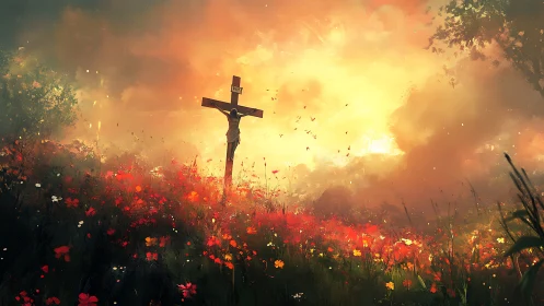 Sunlit hillside cross in a glowing field of wildflowers.
