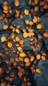 Autumn leaves forming high-contrast pattern on cold wet rocks