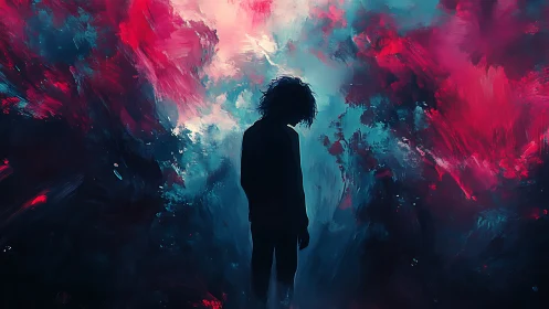 Solitary silhouette amid abstract neon storm sky.