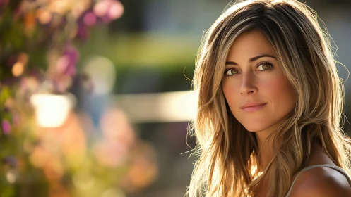 Woman in soft golden outdoor light with gentle expression.